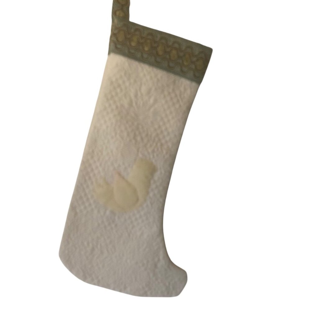 Vintage Quilted White Christmas Stocking‎ Victorian Blue Braided Cord Trim 16"
